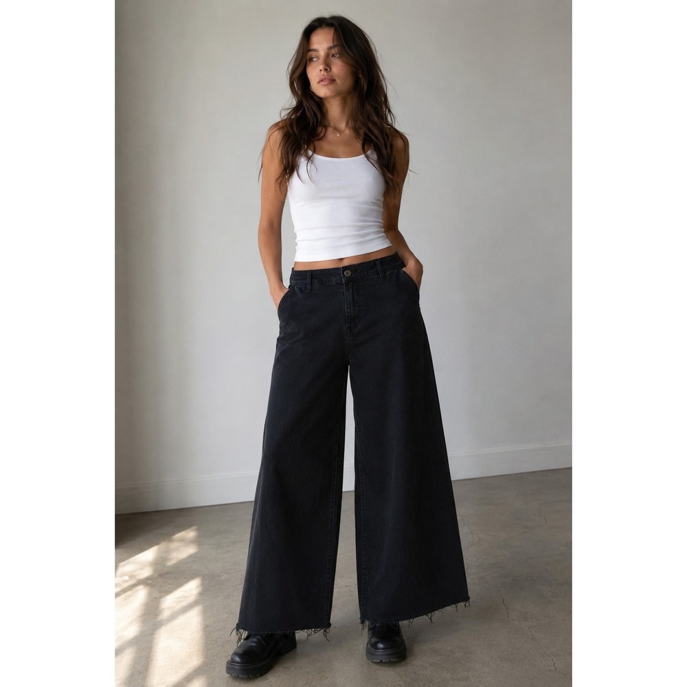 OAT New York Black High Rise Wide Leg Raw Hem Pants 8/29 Quiet Luxury